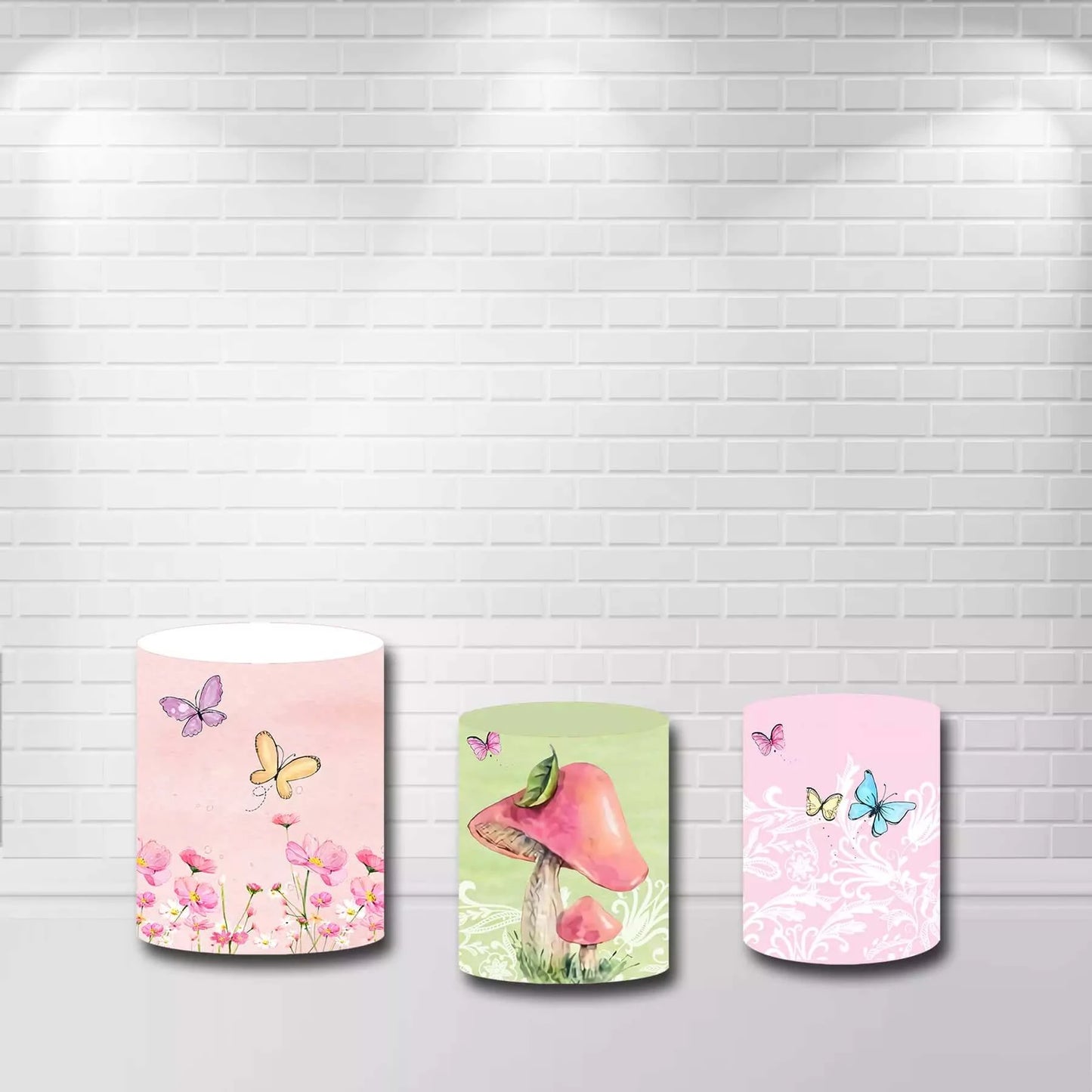 Spring Flowers Butterfly Mushroom Girls Birthday Party Table Banner Cylinder Covers