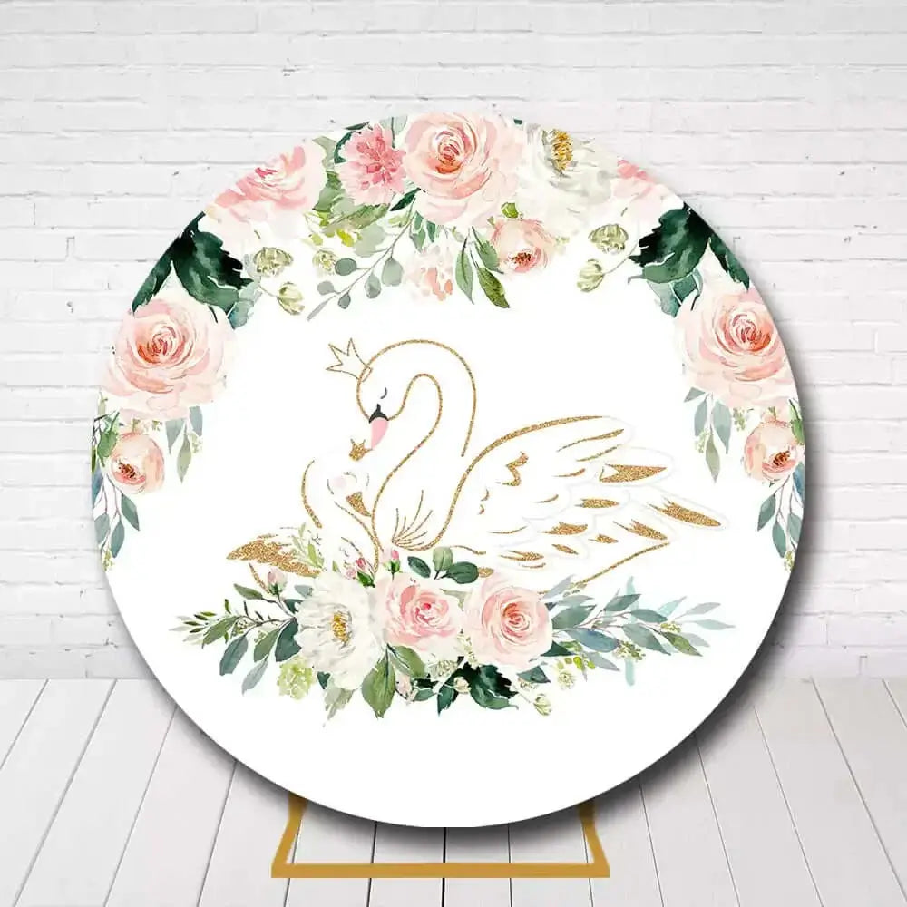 Elegant floral swan backdrop with roses and greenery, ideal for girls’ birthday or baby shower parties