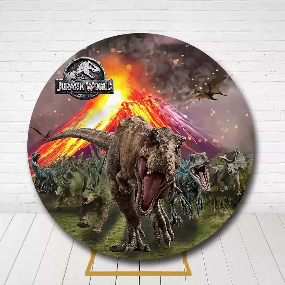 Epic dinosaur circle backdrop featuring Jurassic theme eruption and T-Rex design
