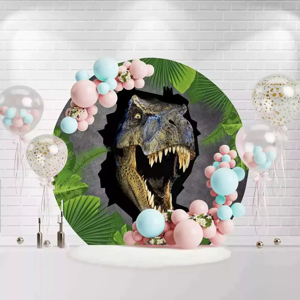 Round dinosaur backdrop with roaring T-Rex breaking through wall and jungle leaves