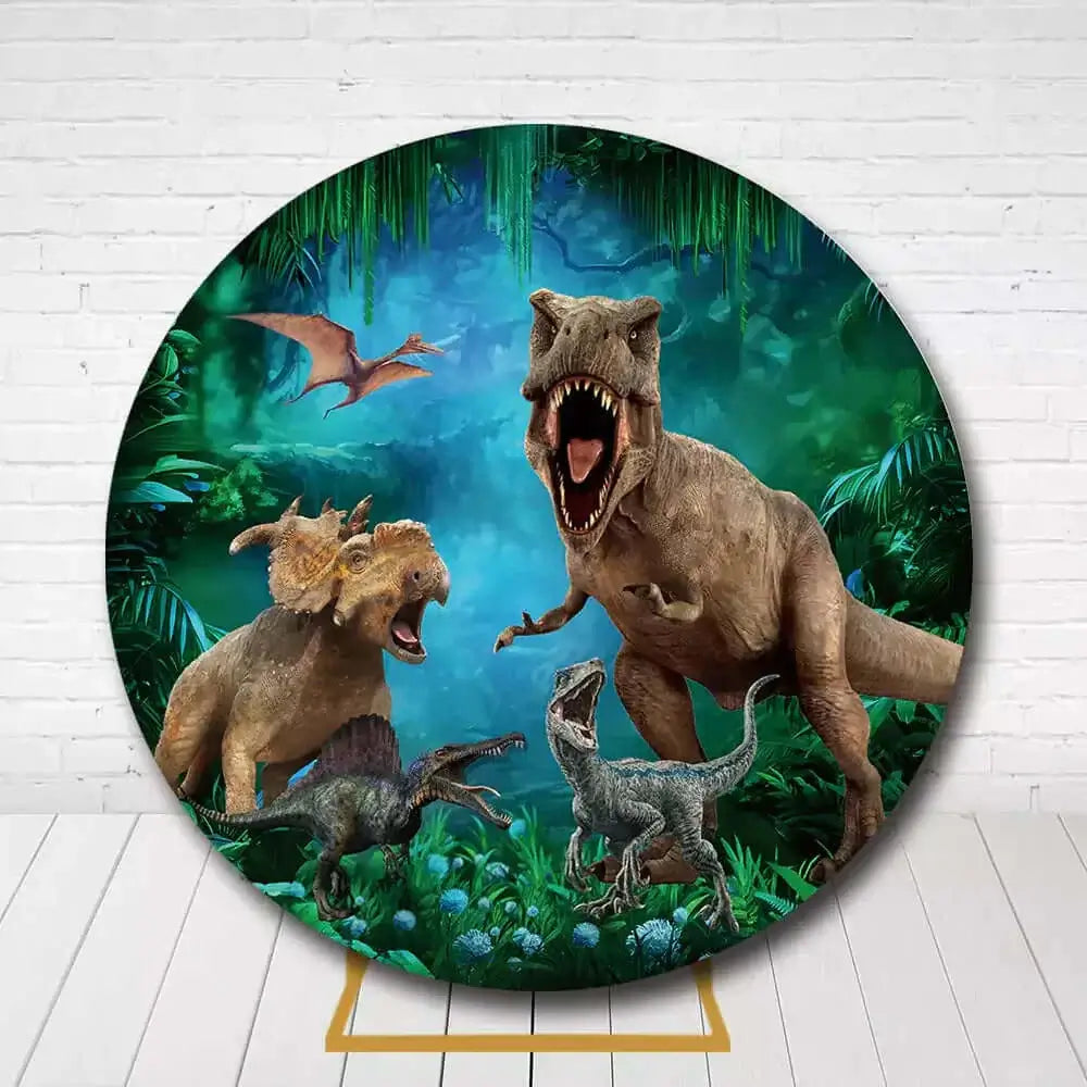 Circle party backdrop featuring roaring dinosaurs in lush prehistoric jungle scene