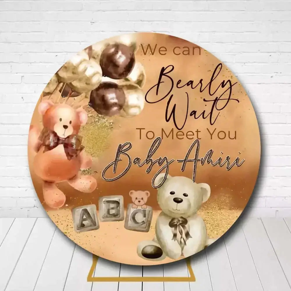 Customizable Bearly Wait circle backdrop with teddy bear design for baby shower