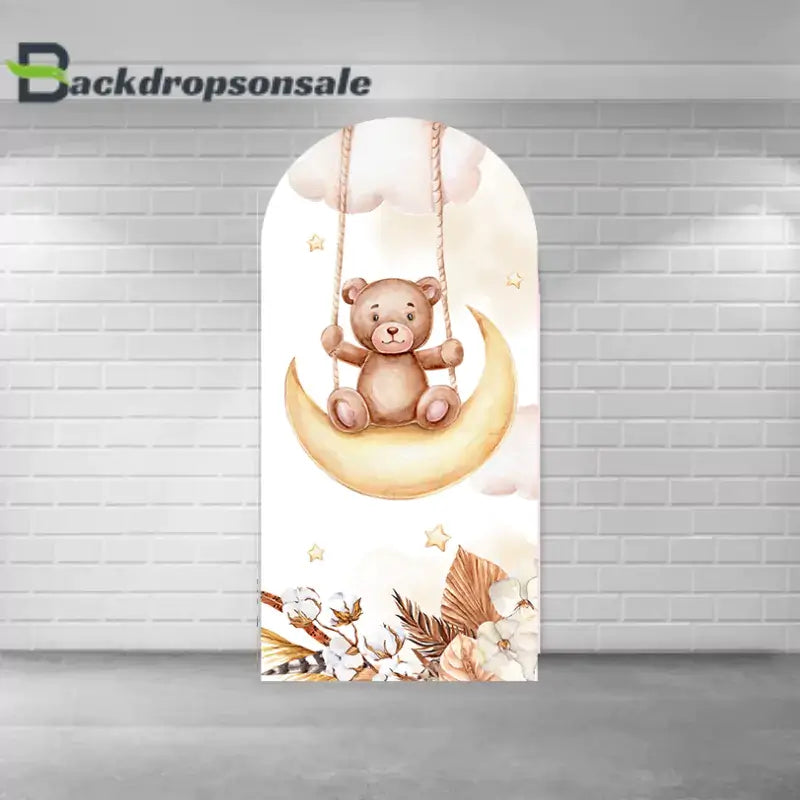Right arch panel of the teddy bear baby shower backdrop set featuring a teddy bear sitting on a crescent moon with clouds and stars.