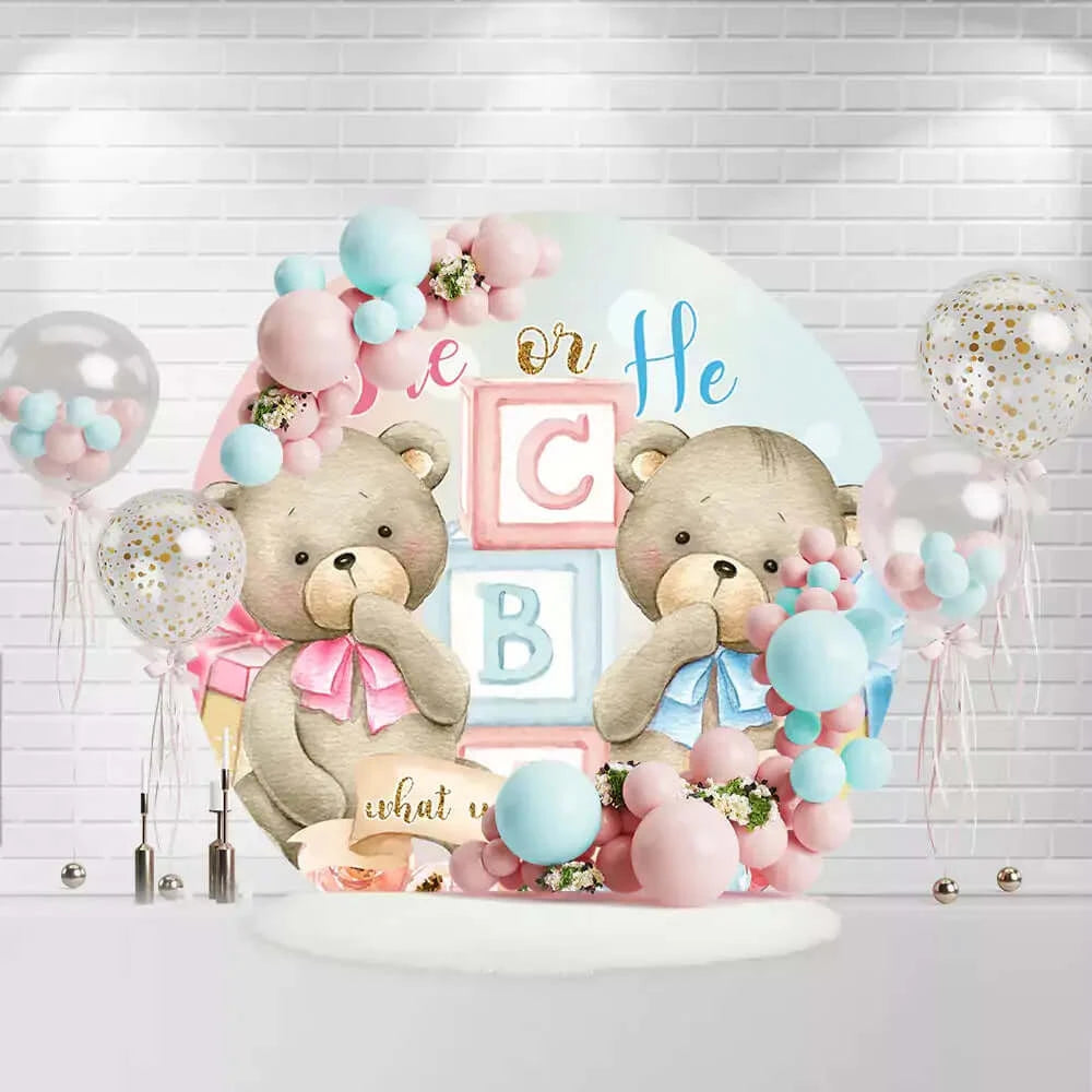 Round teddy bear backdrop with pink and blue blocks for gender reveal party decoration