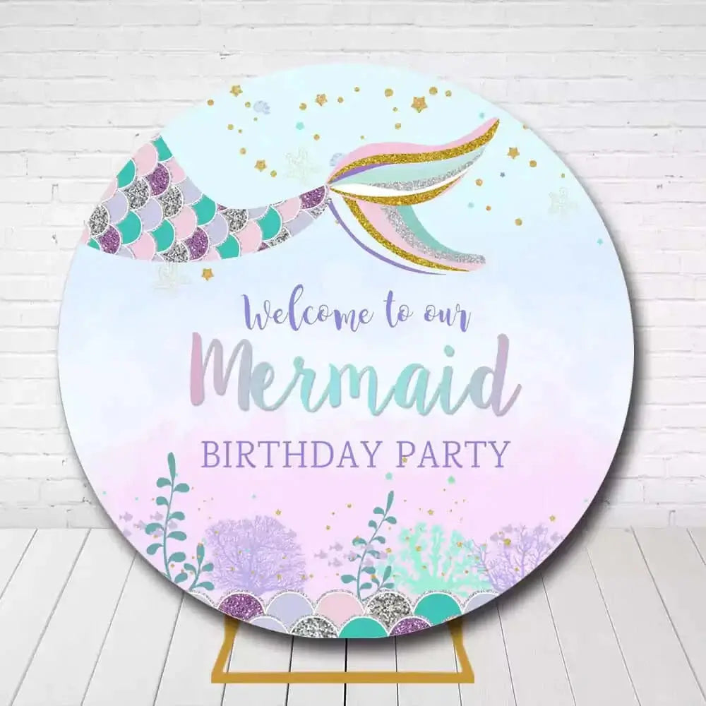Mermaid party circle backdrop with colorful tail and ocean elements