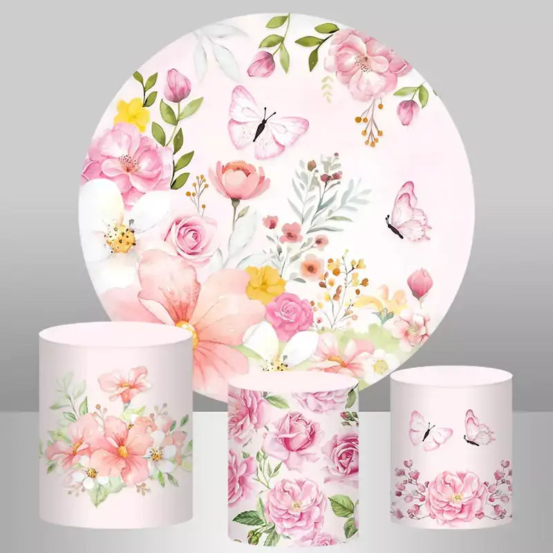 Watercolor floral party set featuring butterfly circle backdrop and coordinating pink flower plinth wraps