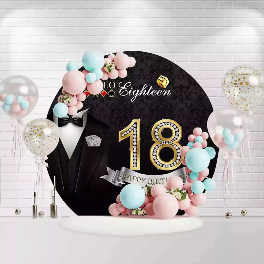 18th birthday casino theme backdrop featuring a tuxedo, playing cards, and golden '18'
