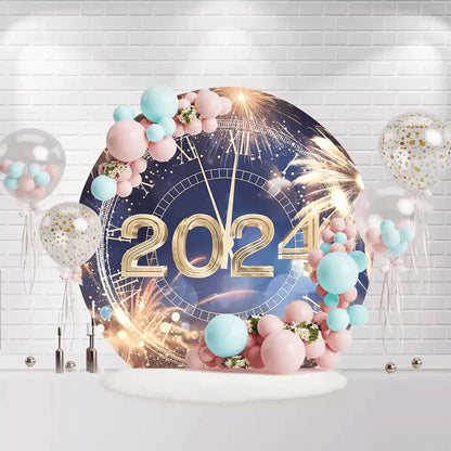 Round Happy New Year 2024 backdrop with golden clock and fireworks