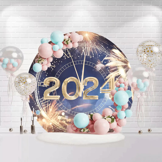 Round Happy New Year 2024 backdrop with golden clock and fireworks