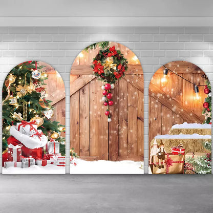 3 Panel Rustic Wooden Farmhouse Christmas Arch Backdrop Set, Winter Snow Christmas Tree Gift Wreath Photo Booth Background for Holiday Photography Party Decor