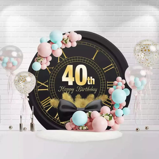 Round 40th birthday backdrop with black and gold clock design and bow tie