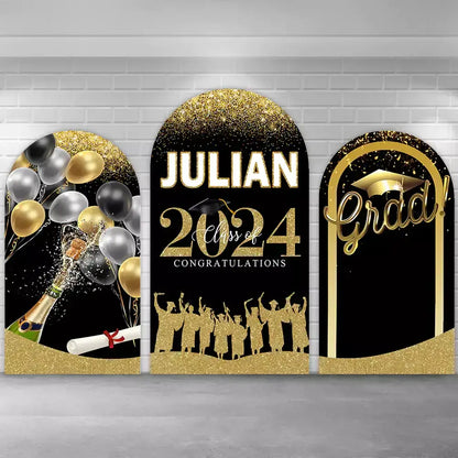 Black and Gold Balloons Glitter Class Of 2024 Arch Backdrop Cover