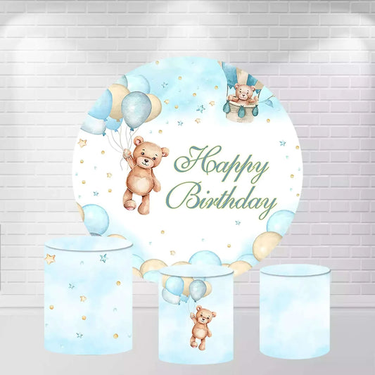 Baby Blue Bear Hot Air Balloons Baby Shower Round Backdrop and Cylinder Covers