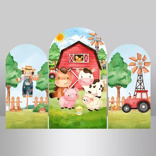 Farm Barn Arch Cover Backdrop Photography for Baby Shower Windmill Tractor Animals Background 