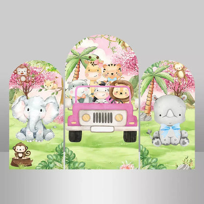 Girls Safari Jungle Birthday Party Arch Backdrop Set Driving Car Animals Photography Backgrounds