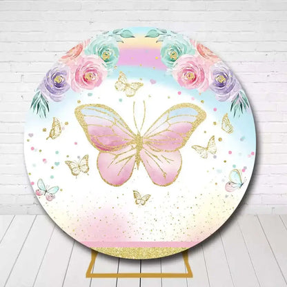 Girls Butterfly Circle Backdrop – Glitter and Floral Theme for Birthday Party
