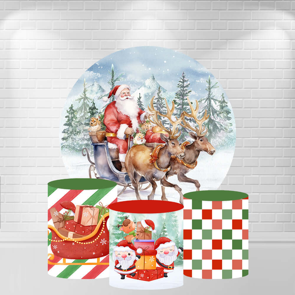 White Snow Christmas Tree Santa Claus Elk Carriage Round Backdrop and 3 Plinth Covers