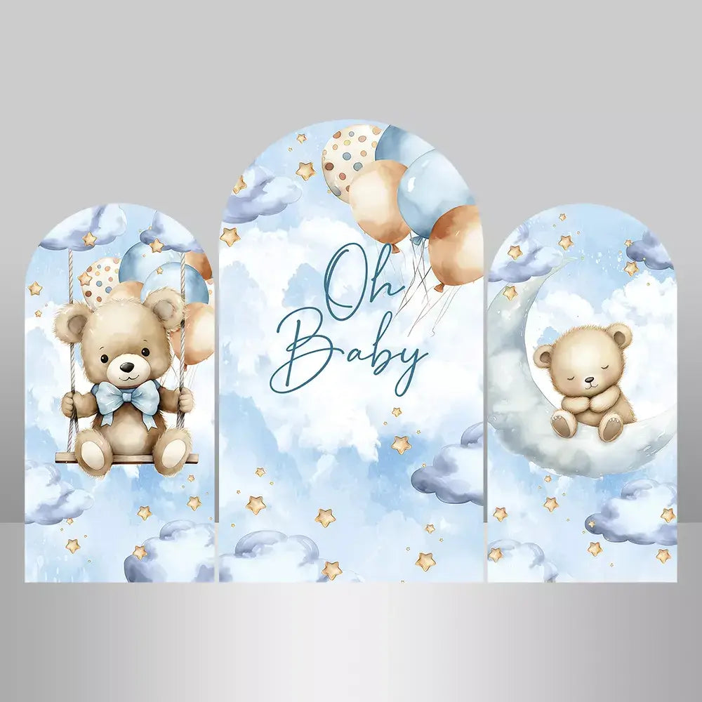 Dreamy baby shower arch trio with soft blue skies, tiny golden stars, pastel balloons, and adorable teddy bears resting on moon swings—perfect for a gentle, whimsical celebration.