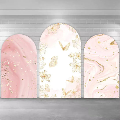 Pink Marble Style Gold Butterfly Arch Backdrop Cover 