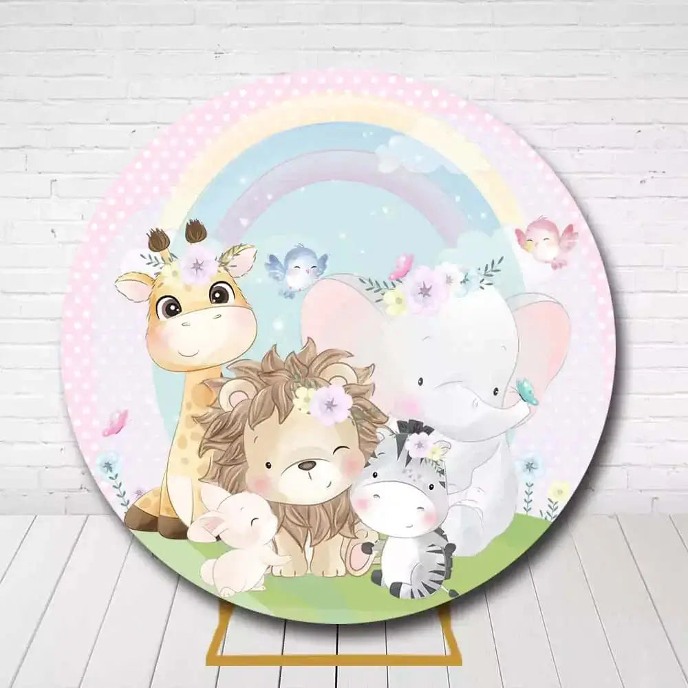Adorable animal friends under a pastel rainbow with floral crowns for a birthday backdrop, featuring a lion, giraffe, zebra, bunny, and elephant