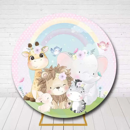 Adorable animal friends under a pastel rainbow with floral crowns for a birthday backdrop, featuring a lion, giraffe, zebra, bunny, and elephant