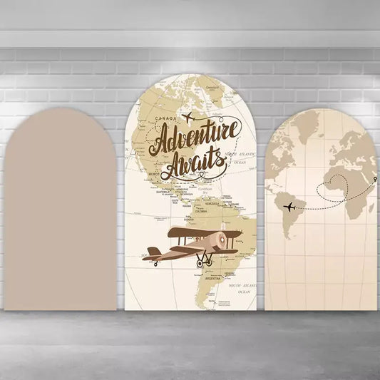 Neutral travel backdrop set including a world atlas center arch with airplane art, a minimalist beige panel, and a right arch featuring a global map and dotted flight route.