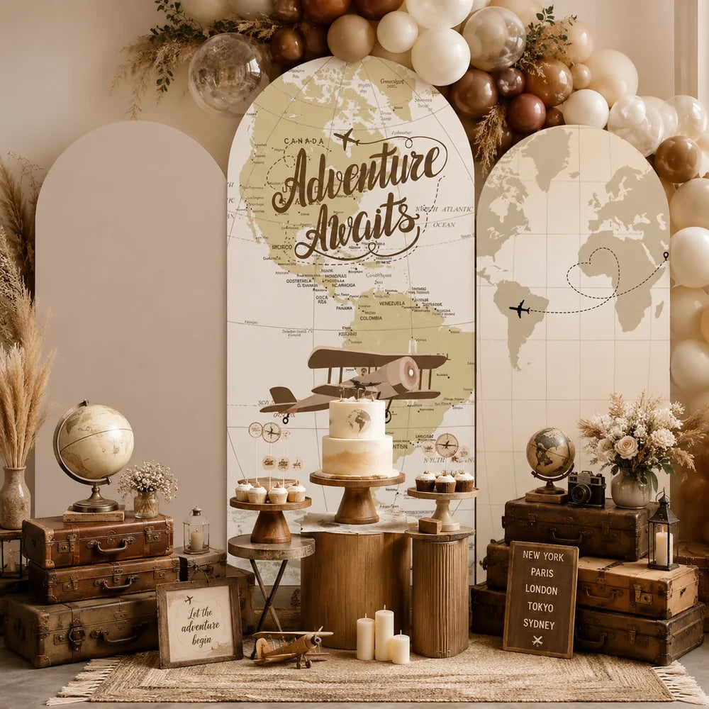 Vintage travel party set with three arch backdrop covers featuring Adventure Awaits lettering, world maps, airplane graphics, flight path details and a neutral beige panel.