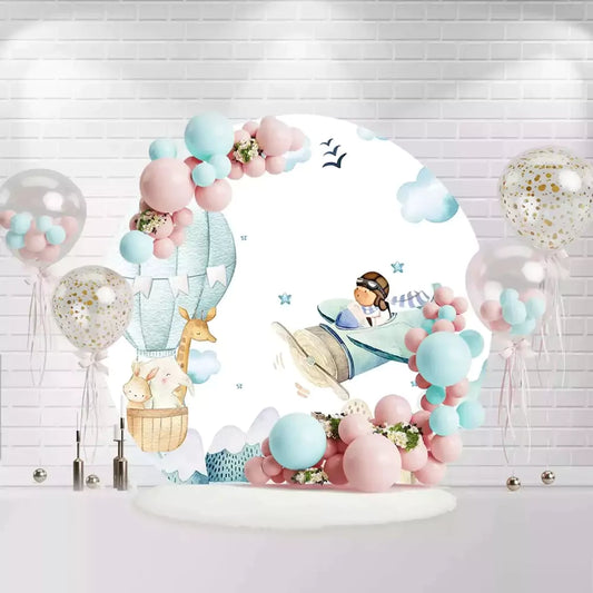 Adventure theme circle backdrop featuring boy pilot and hot air balloon animals for baby shower or birthday