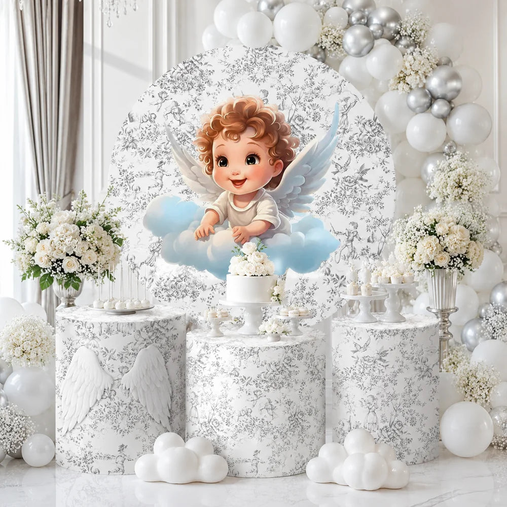 Angel baby cherub party set with one round backdrop and three matching cylinder covers featuring white wings, blue clouds and gray toile floral designs.
