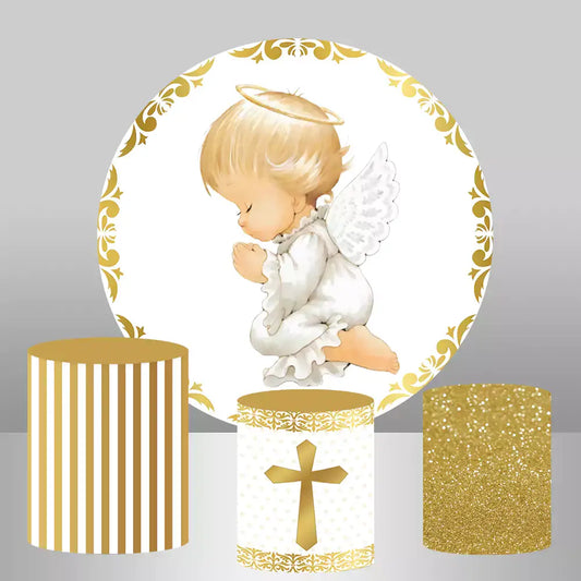 Circular baby shower backdrop with praying angel and three matching golden columns