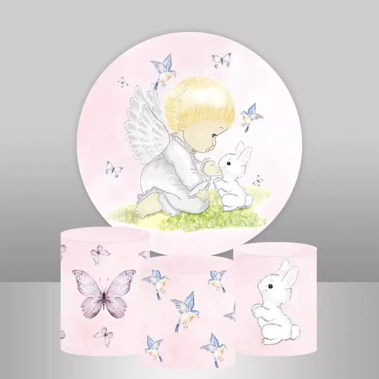 Angel-themed round backdrop with an angel baby and bunny, surrounded by butterflies and birds, along with three matching cylinder covers featuring butterflies, birds, and bunny designs.