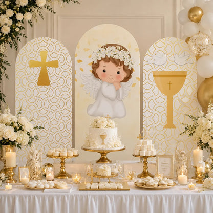 Gold and white First Communion party set with three arch backdrop covers featuring a praying angel, Christian cross, chalice, white doves and elegant geometric patterns.