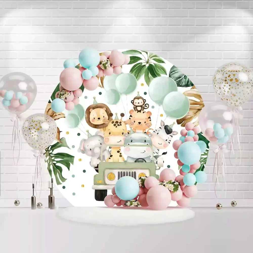 Cute animal circle backdrop featuring giraffe, lion, elephant, and monkey with tropical leaves