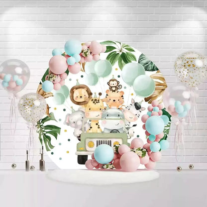Cute animal circle backdrop featuring giraffe, lion, elephant, and monkey with tropical leaves