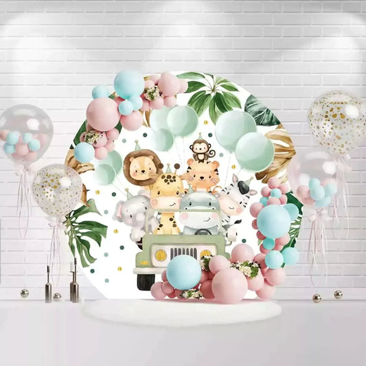 Cute animal circle backdrop featuring giraffe, lion, elephant, and monkey with tropical leaves