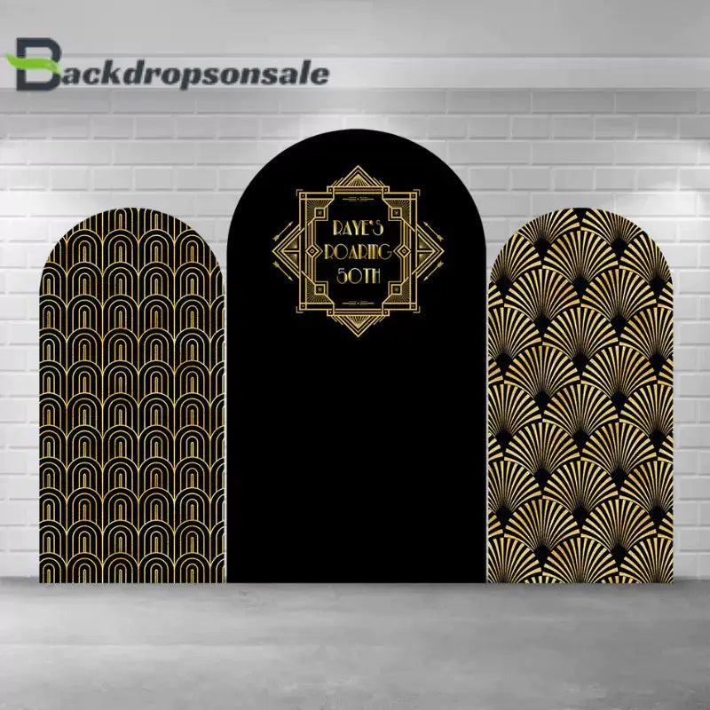 Art Deco-themed arch backdrop set featuring gold and black designs with geometric patterns and text "Raye's Roaring 50th," perfect for glamorous 1920s-inspired events.