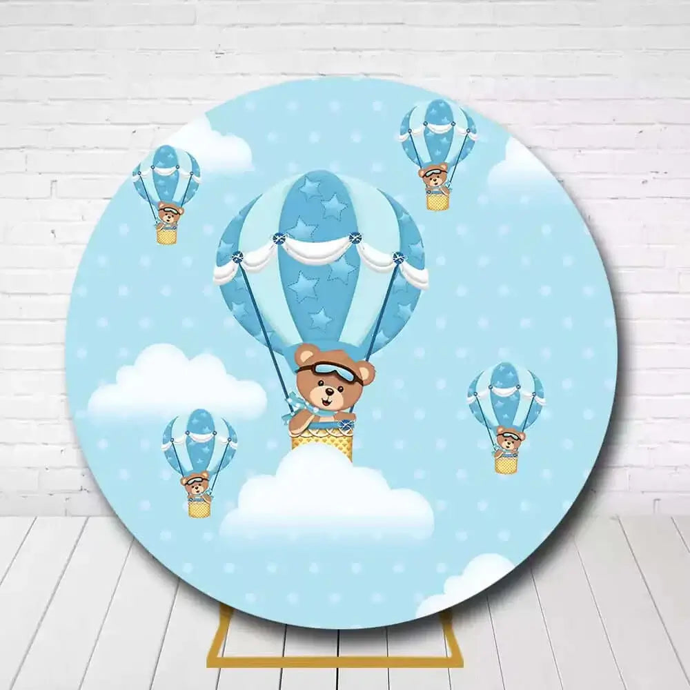 Baby bear floating in a hot air balloon backdrop for baby showers and birthday parties