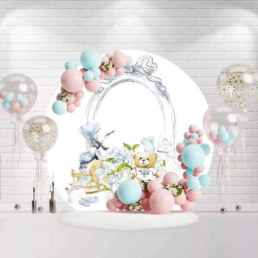 Round baby boy shower backdrop with teddy bear, rocking horse, and blue bow design