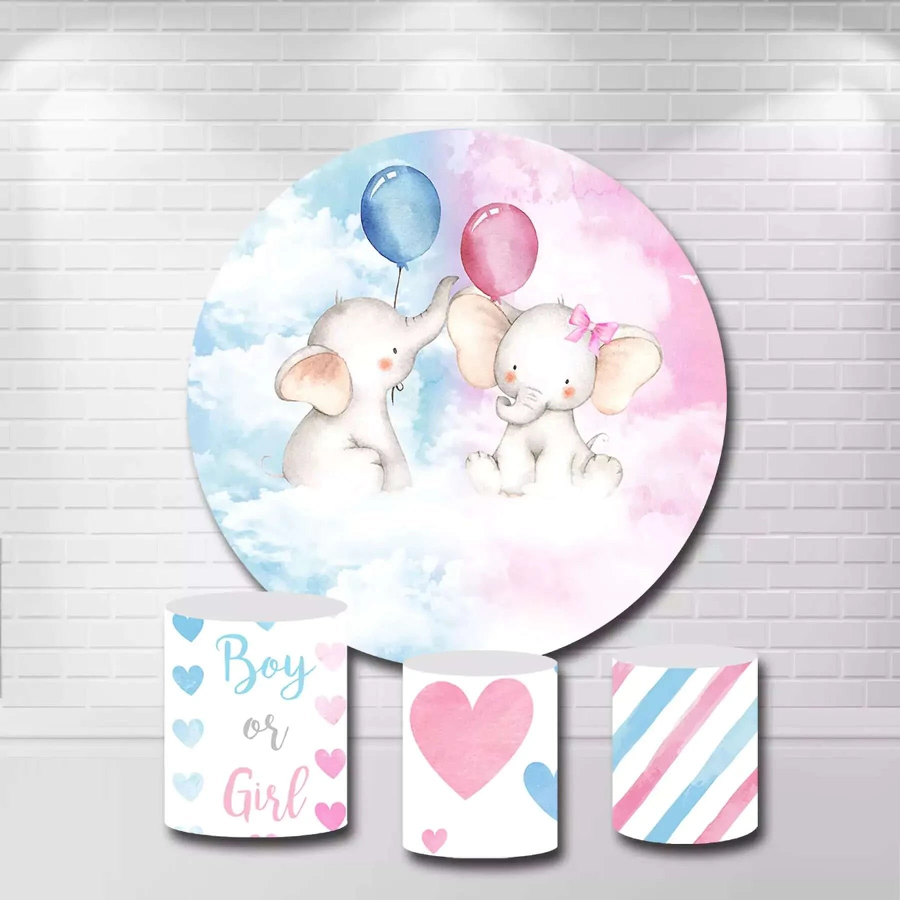 Blue and Pink Elephant Gender Reveal Round Background and Plinth Covers