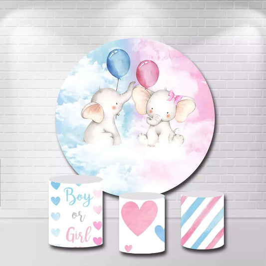 Blue and Pink Elephant Gender Reveal Round Background and Plinth Covers