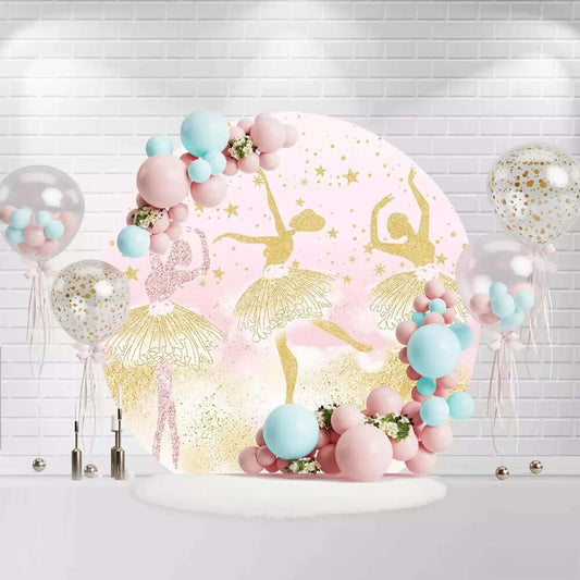 Round ballerina birthday backdrop with golden glitter dancers and pink background
