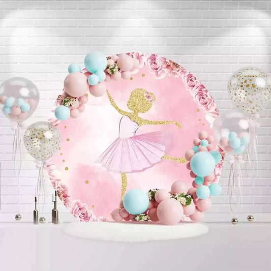 Round ballerina birthday backdrop with gold glitter dancer, pink tutu, and roses