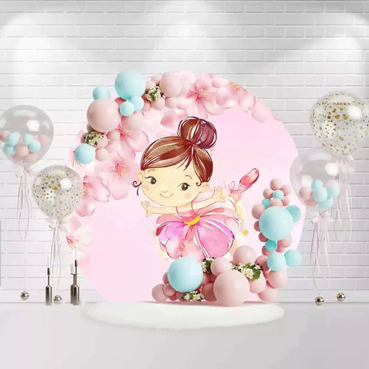 Round ballerina backdrop with cute girl in pink tutu and floral background