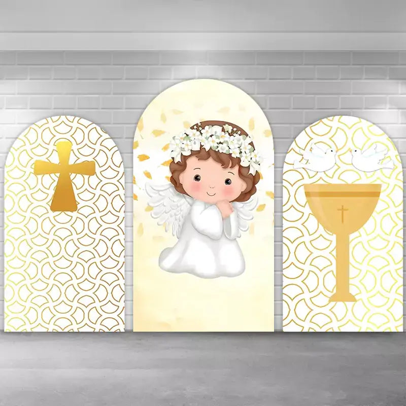 Three-piece First Communion backdrop set with a sweet angel in the center, gold cross on left arch, and chalice with two doves on right arch over white-and-gold geometric pattern—perfect for Catholic communion or baptism parties.