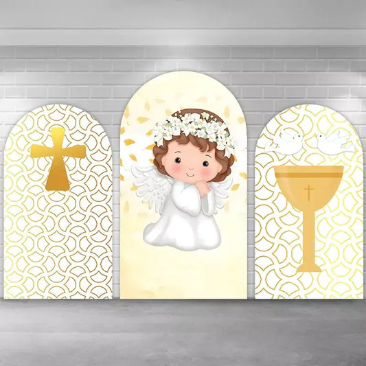 Three-piece First Communion backdrop set with a sweet angel in the center, gold cross on left arch, and chalice with two doves on right arch over white-and-gold geometric pattern—perfect for Catholic communion or baptism parties.
