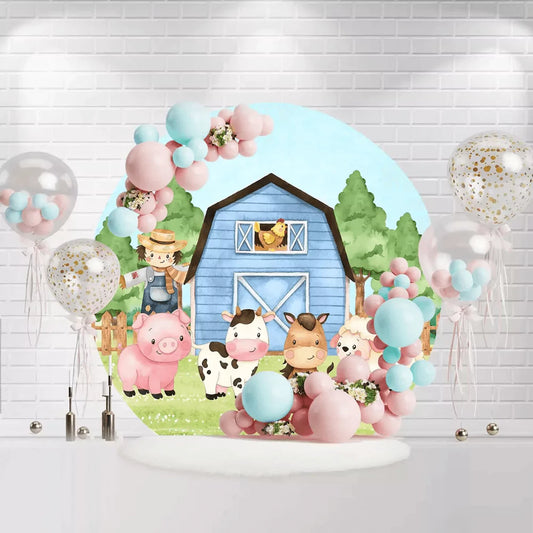 Round farm backdrop with blue barn, pig, cow, horse, sheep, and trees