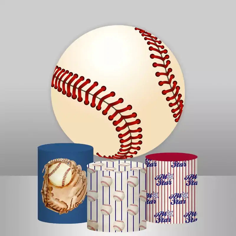 A baseball-themed party decor set featuring a round baseball backdrop with red stitching and three cylinder covers with baseball designs, including a glove, repeated baseball pattern, and “All Star” lettering.