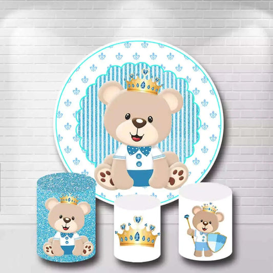 Blue Striped Crown Bear Theme Round Backdrop and Glitter Cylinder Covers