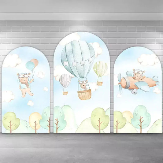Charming three-piece bear-themed sky backdrop set with playful illustrations of a bear holding a balloon, a bear flying in a hot air balloon, and a bear piloting an airplane, perfect for kids' birthday parties or nursery room decoration.