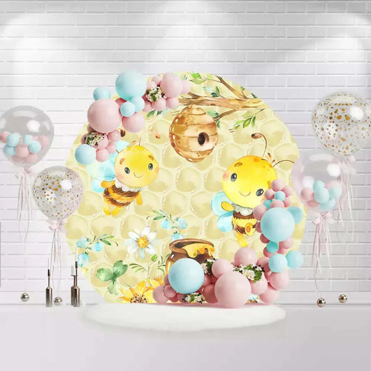 Round bee party backdrop with honeycomb, flowers, and honey pot design
